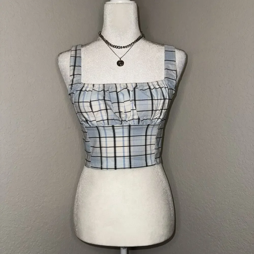 Forever 21 Crop Top Women's Small Blue Plaid Square Neck Smock Back Cottagecore - Picture 1 of 7